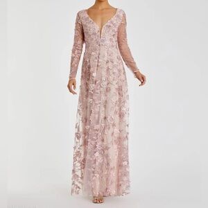 Mac Duggal Pink Floral Appliqué Long Sleeve Illusion Gown 70224 NWT Size 10